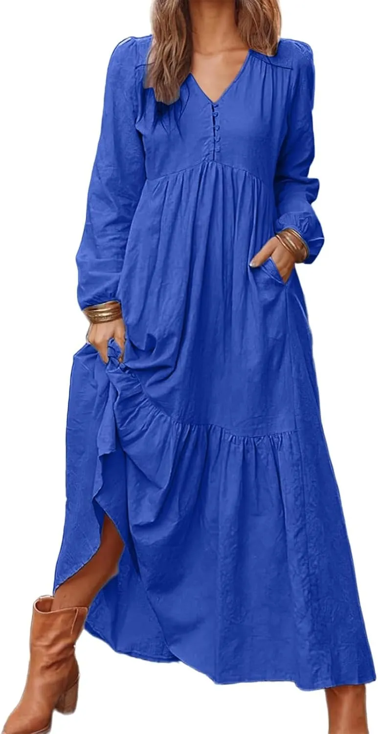 Women's Linen Maxi Dress 2025 Summer Casual Long Sleeve V-Neck Tiered Ruffle Sundress Boho Beach Pleated Long Dresses