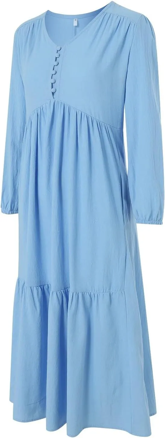 Women's Linen Maxi Dress 2025 Summer Casual Long Sleeve V-Neck Tiered Ruffle Sundress Boho Beach Pleated Long Dresses