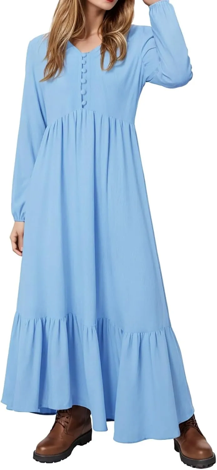 Women's Linen Maxi Dress 2025 Summer Casual Long Sleeve V-Neck Tiered Ruffle Sundress Boho Beach Pleated Long Dresses