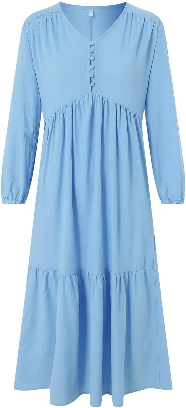 Women's Linen Maxi Dress 2025 Summer Casual Long Sleeve V-Neck Tiered Ruffle Sundress Boho Beach Pleated Long Dresses
