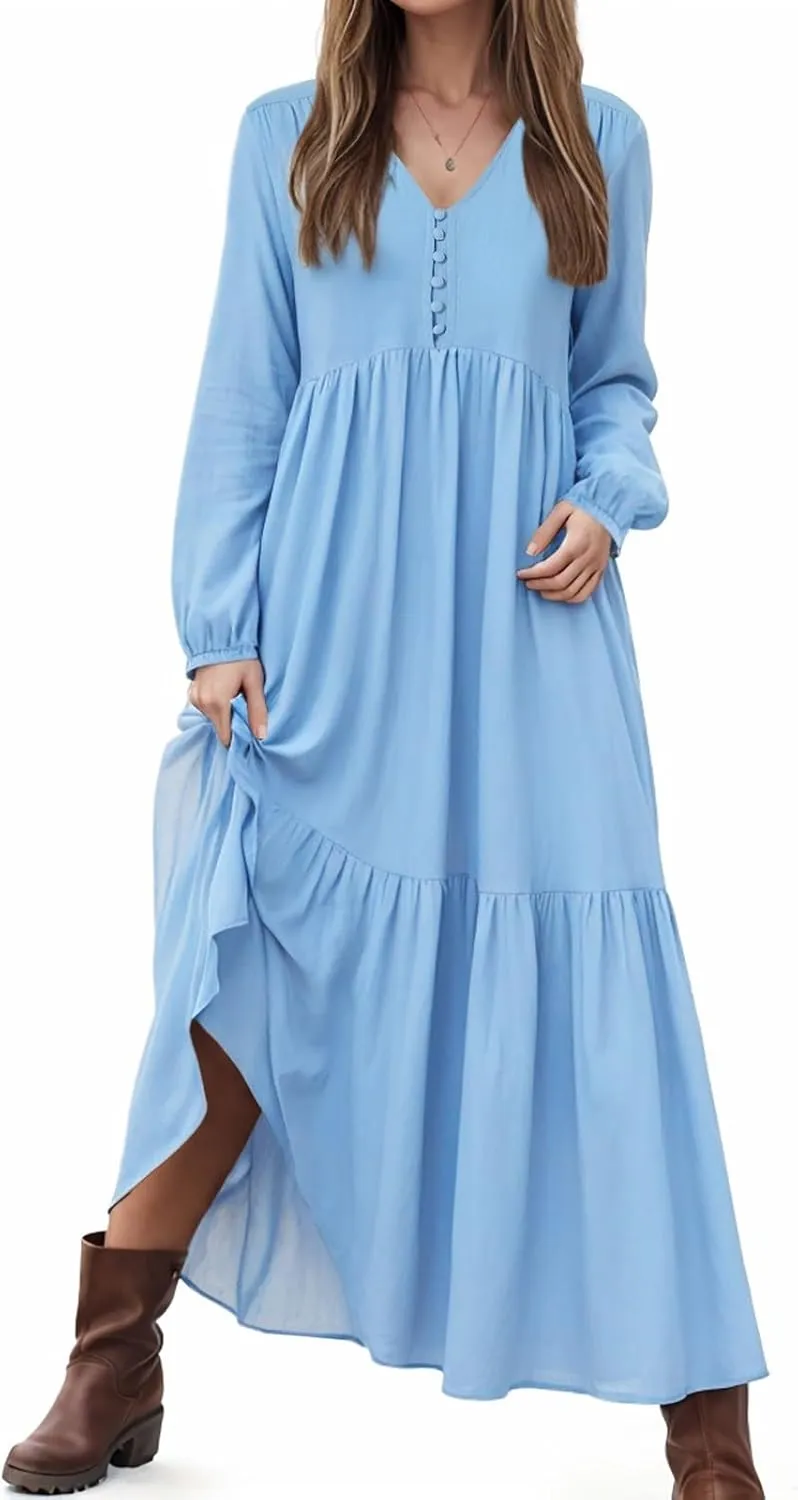 Women's Linen Maxi Dress 2025 Summer Casual Long Sleeve V-Neck Tiered Ruffle Sundress Boho Beach Pleated Long Dresses