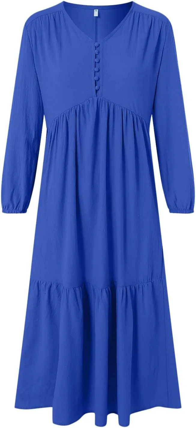 Women's Linen Maxi Dress 2025 Summer Casual Long Sleeve V-Neck Tiered Ruffle Sundress Boho Beach Pleated Long Dresses