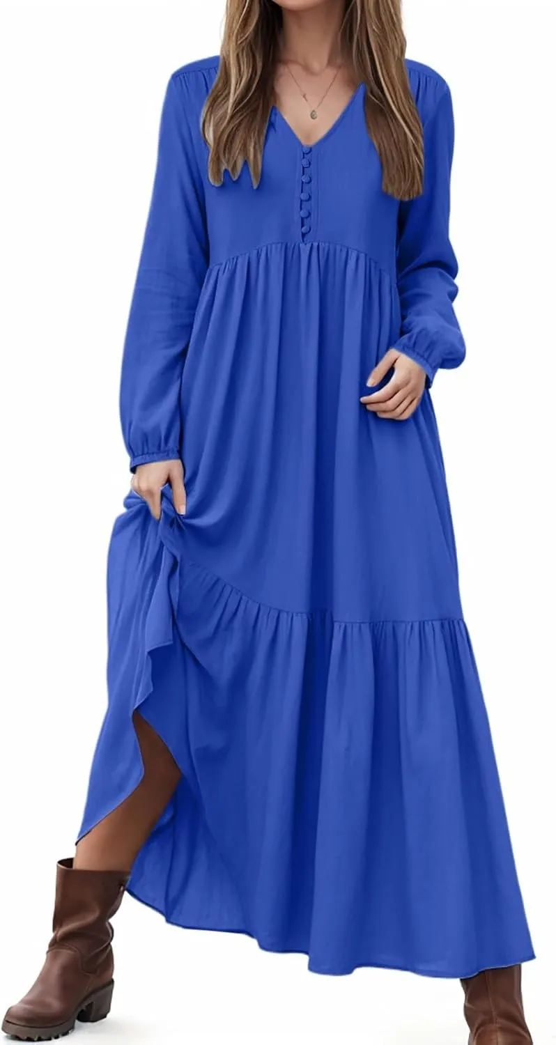 Women's Linen Maxi Dress 2025 Summer Casual Long Sleeve V-Neck Tiered Ruffle Sundress Boho Beach Pleated Long Dresses