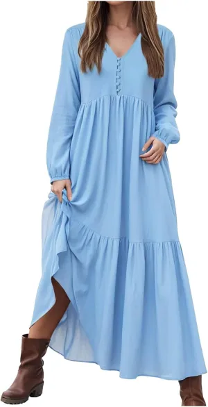 Women's Linen Maxi Dress 2025 Summer Casual Long Sleeve V-Neck Tiered Ruffle Sundress Boho Beach Pleated Long Dresses