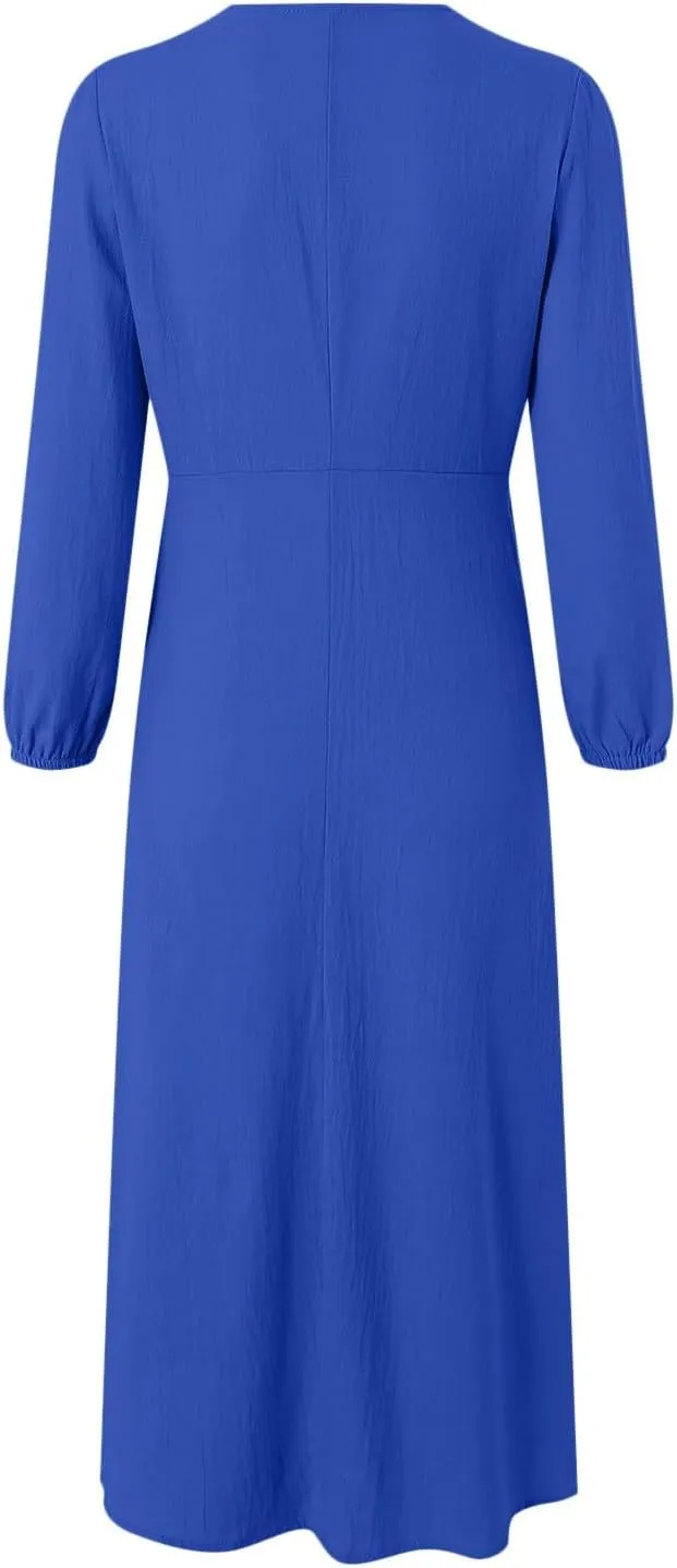 Women's Linen Maxi Dress 2025 Summer Casual Long Sleeve V-Neck Tiered Ruffle Sundress Boho Beach Pleated Long Dresses