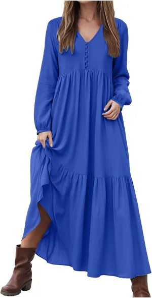 Women's Linen Maxi Dress 2025 Summer Casual Long Sleeve V-Neck Tiered Ruffle Sundress Boho Beach Pleated Long Dresses