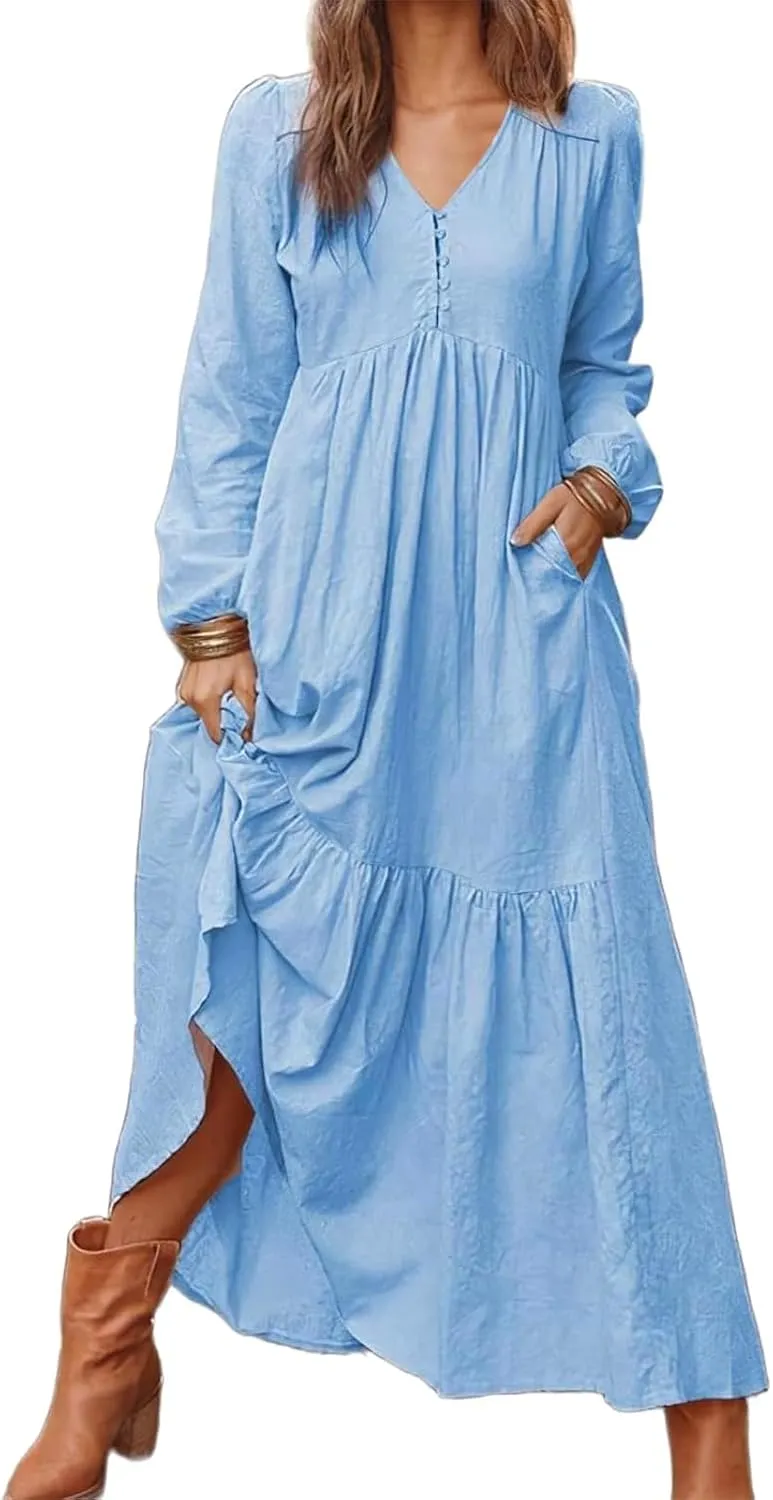 Women's Linen Maxi Dress 2025 Summer Casual Long Sleeve V-Neck Tiered Ruffle Sundress Boho Beach Pleated Long Dresses