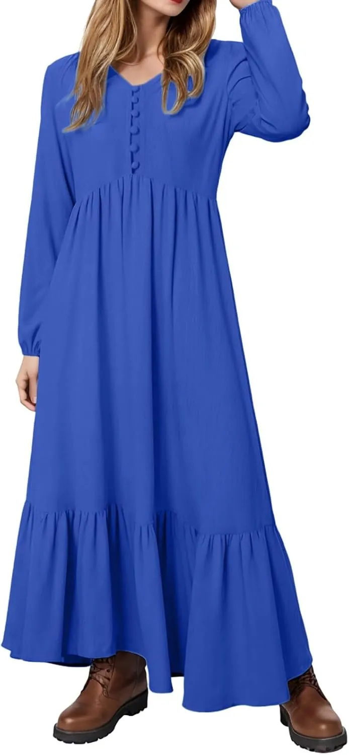 Women's Linen Maxi Dress 2025 Summer Casual Long Sleeve V-Neck Tiered Ruffle Sundress Boho Beach Pleated Long Dresses
