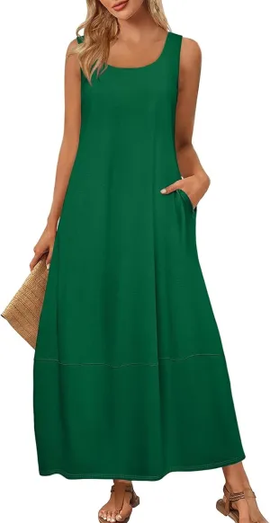Women's Loose Casual Midi Cotton Dresses Sundress Sleeveless Beach Summer Trendy Tank Top Dress with Pockets