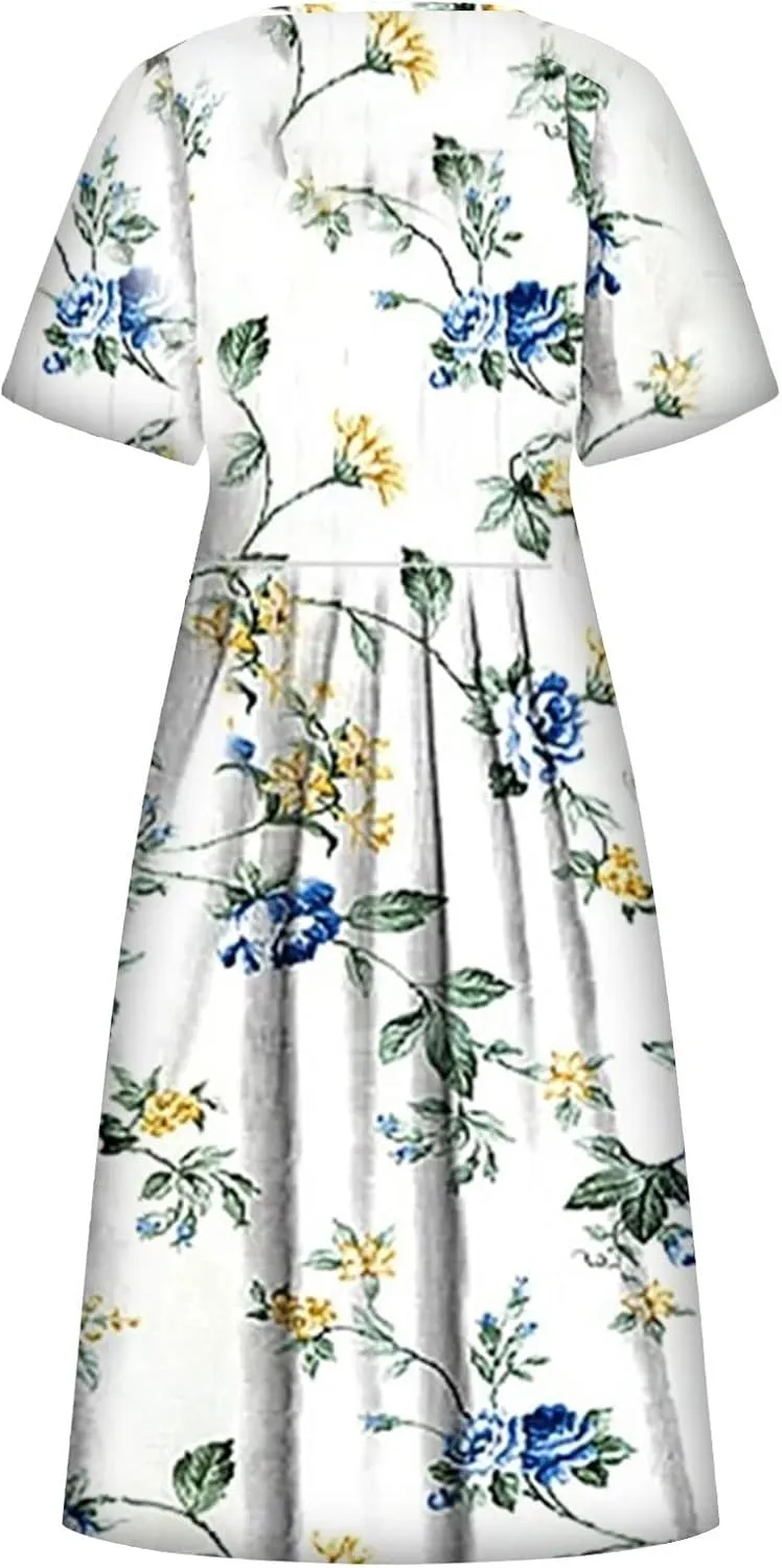 Women's Maxi Dress 2025 Summer Casual Colorful Loose Flowy Boho Crewneck Short Sleeve Dresses Beach Vacation Clothes