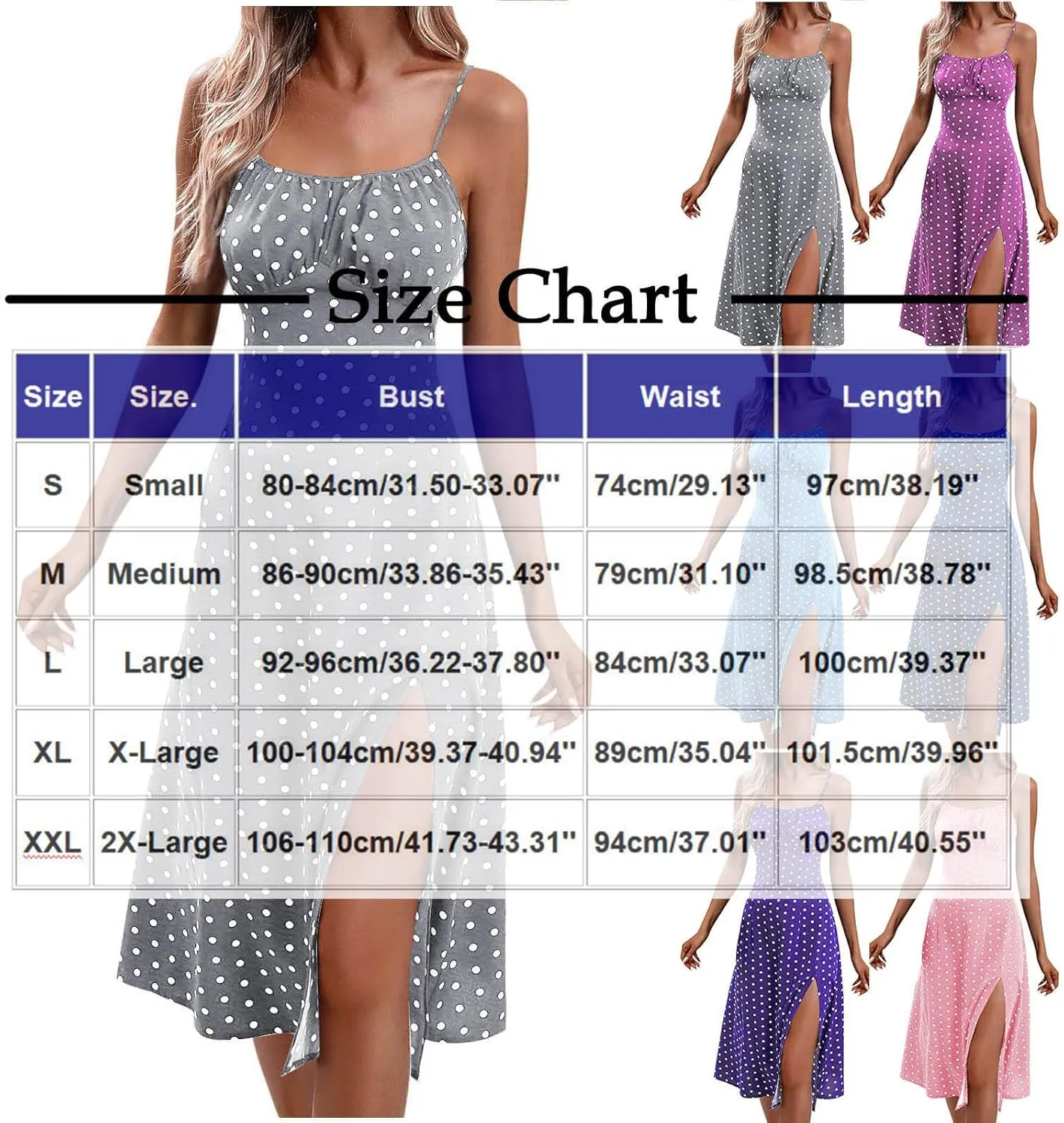 Womens Polka Dot Sundress Spaghetti Strap Summer Dresses Side Slit Midi Dress Casual Beach Vacation Clothes