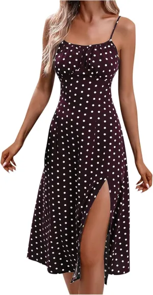 Womens Polka Dot Sundress Spaghetti Strap Summer Dresses Side Slit Midi Dress Casual Beach Vacation Clothes