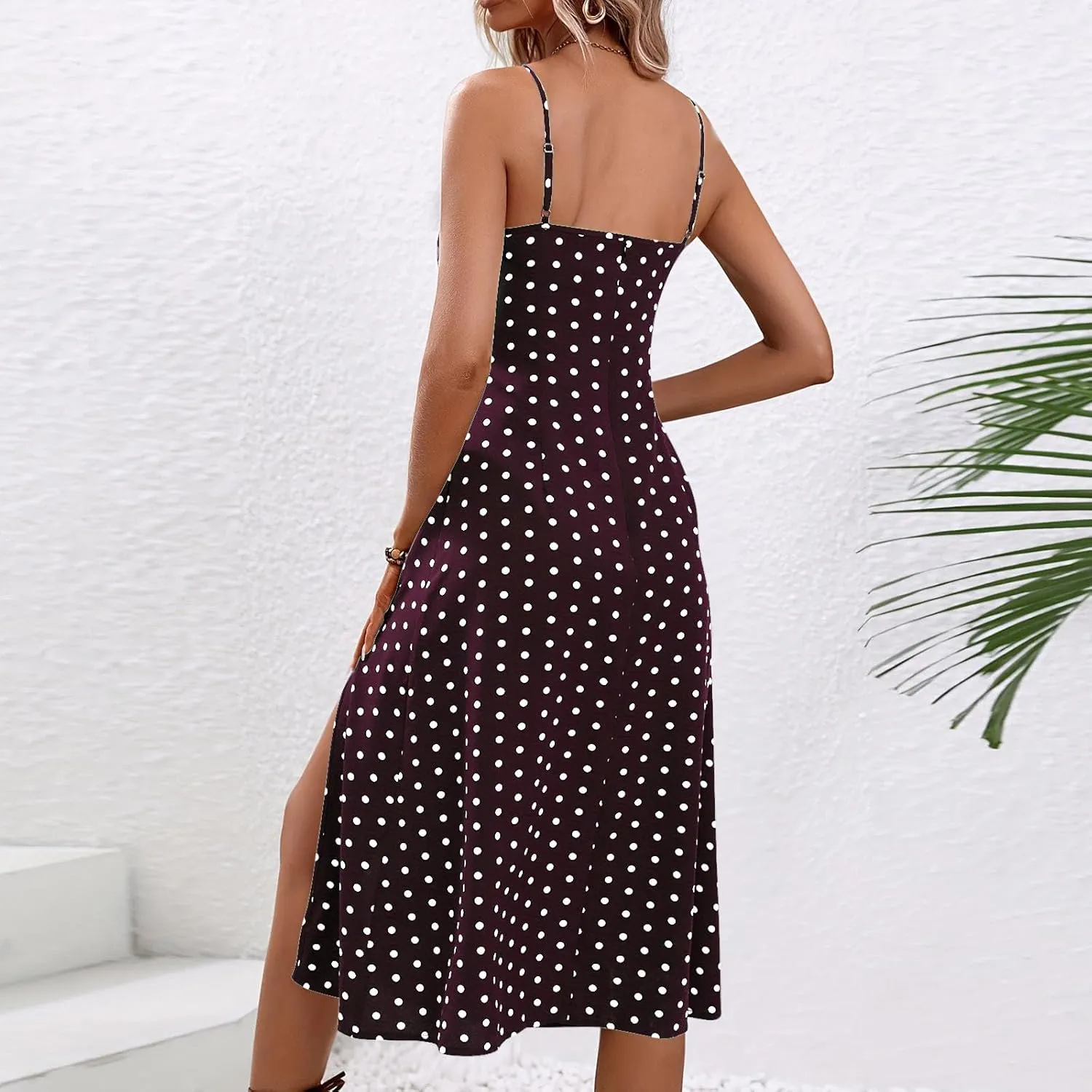 Womens Polka Dot Sundress Spaghetti Strap Summer Dresses Side Slit Midi Dress Casual Beach Vacation Clothes