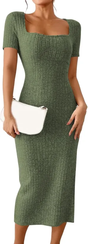 Womens Summer Bodycon Sundress Casual Short Sleeve Square Neck Midi Dresses Ribbed Knit Side Slit Beach Vacation Dress