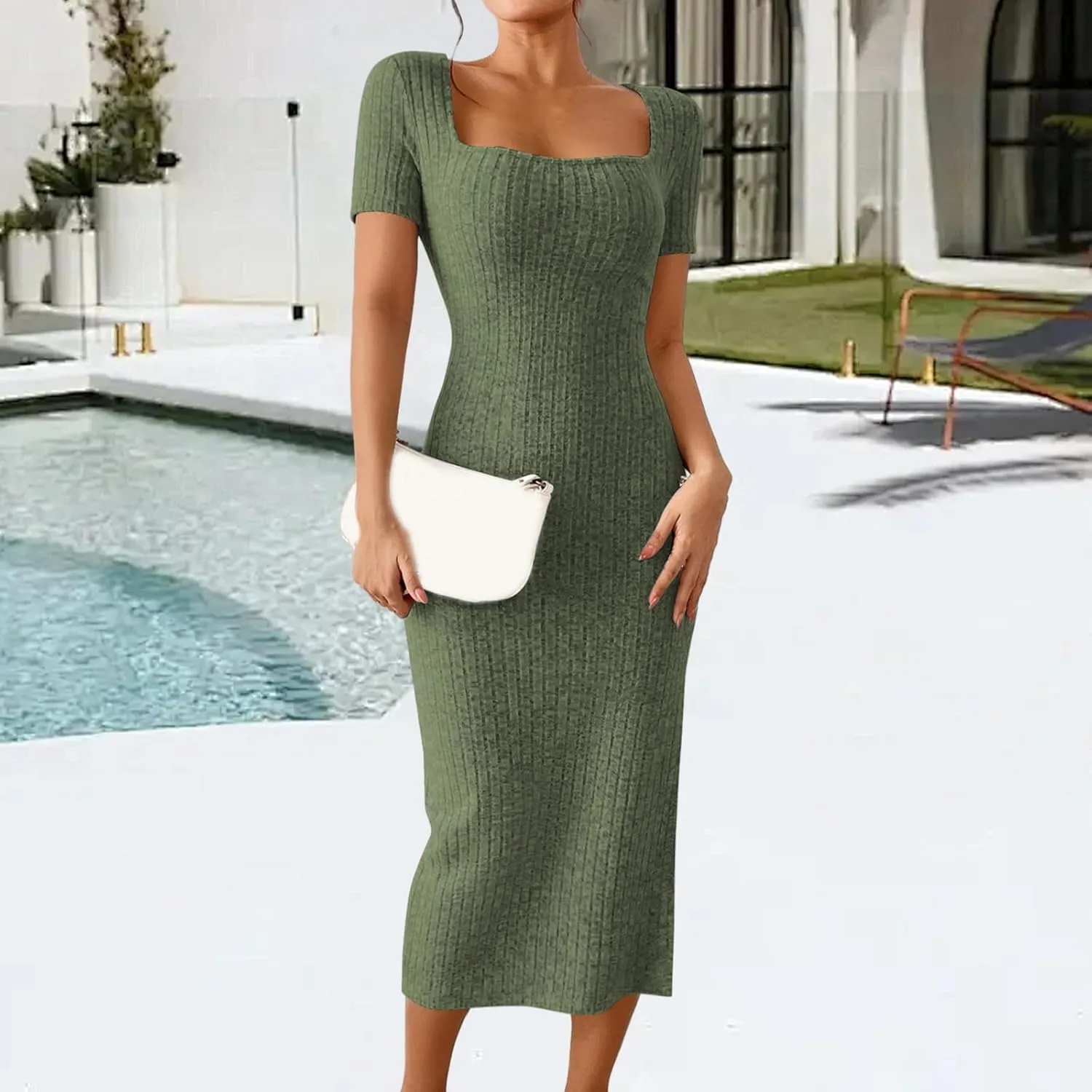 Womens Summer Bodycon Sundress Casual Short Sleeve Square Neck Midi Dresses Ribbed Knit Side Slit Beach Vacation Dress