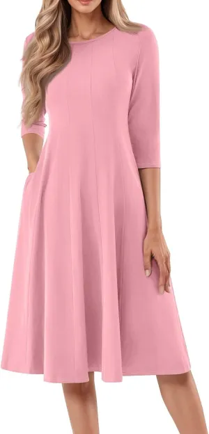 Womens Summer Dresses Summer Flowy Beach 3/4 Sleeve Dress Aline Casual Tshirt Dress Floral Midi Dresses with Pockets