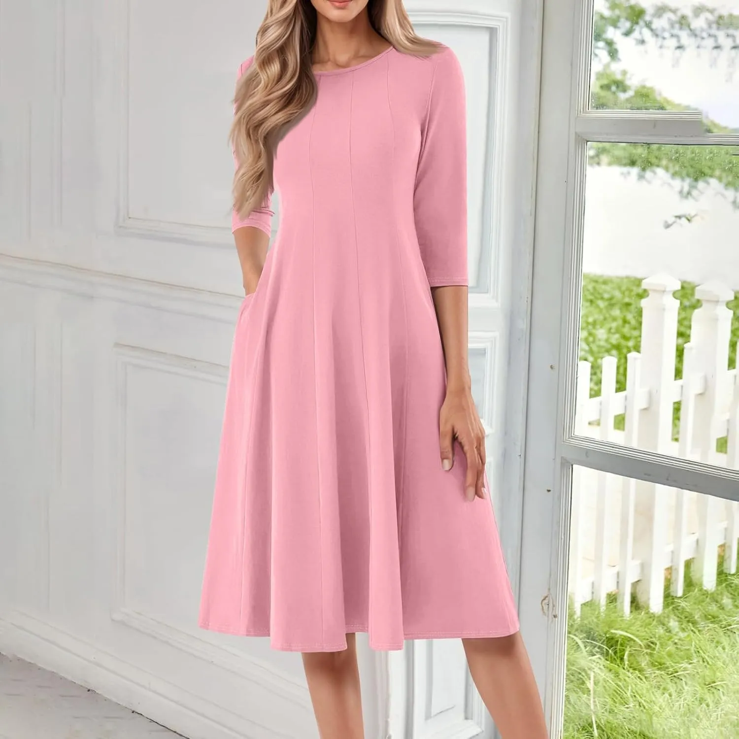 Womens Summer Dresses Summer Flowy Beach 3/4 Sleeve Dress Aline Casual Tshirt Dress Floral Midi Dresses with Pockets