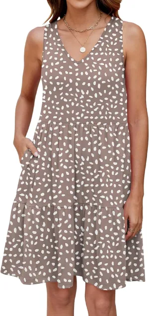 Womens Summer Dresses V Neck Tank Tiered Flowy Mini A Line Casual Sundress with Pockets