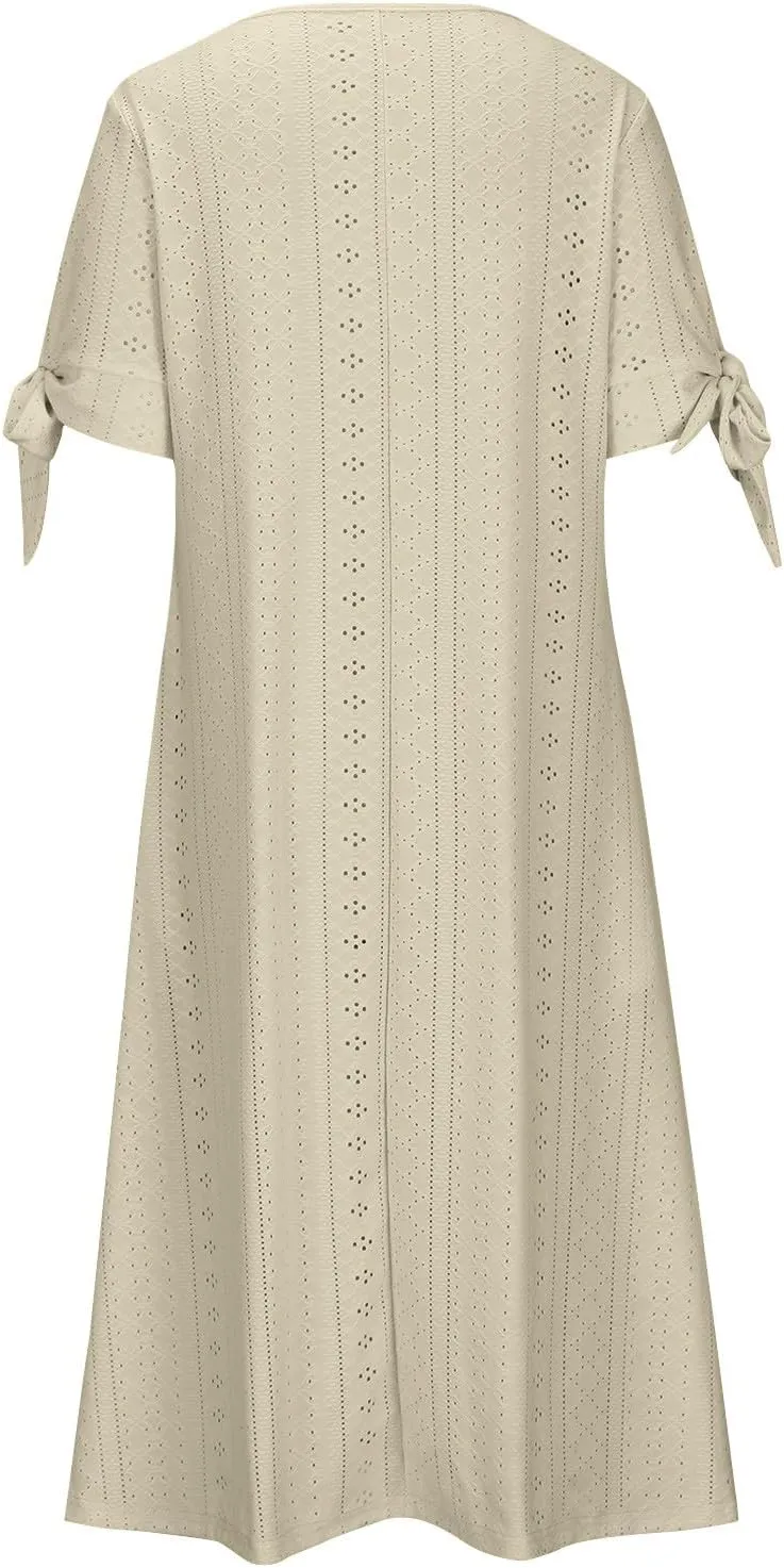 Women's Summer Eyelet Midi Dress Button V Neck Short Sleeve Dresses Solid Flowy Floral Boho Beach Long Sundress
