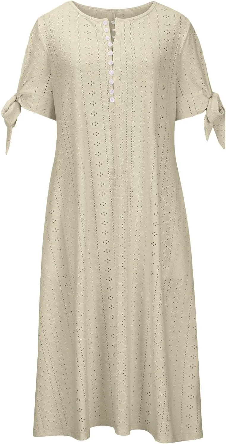 Women's Summer Eyelet Midi Dress Button V Neck Short Sleeve Dresses Solid Flowy Floral Boho Beach Long Sundress
