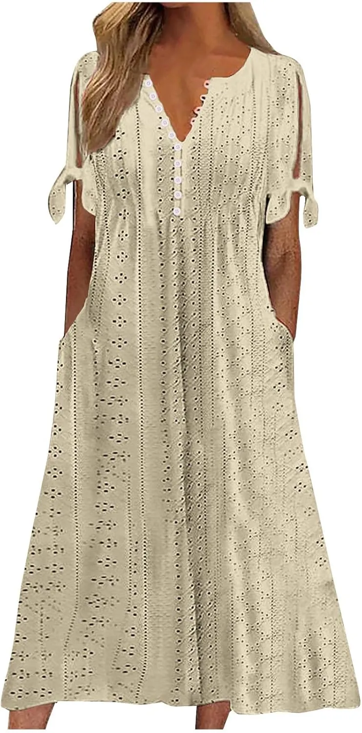 Women's Summer Eyelet Midi Dress Button V Neck Short Sleeve Dresses Solid Flowy Floral Boho Beach Long Sundress