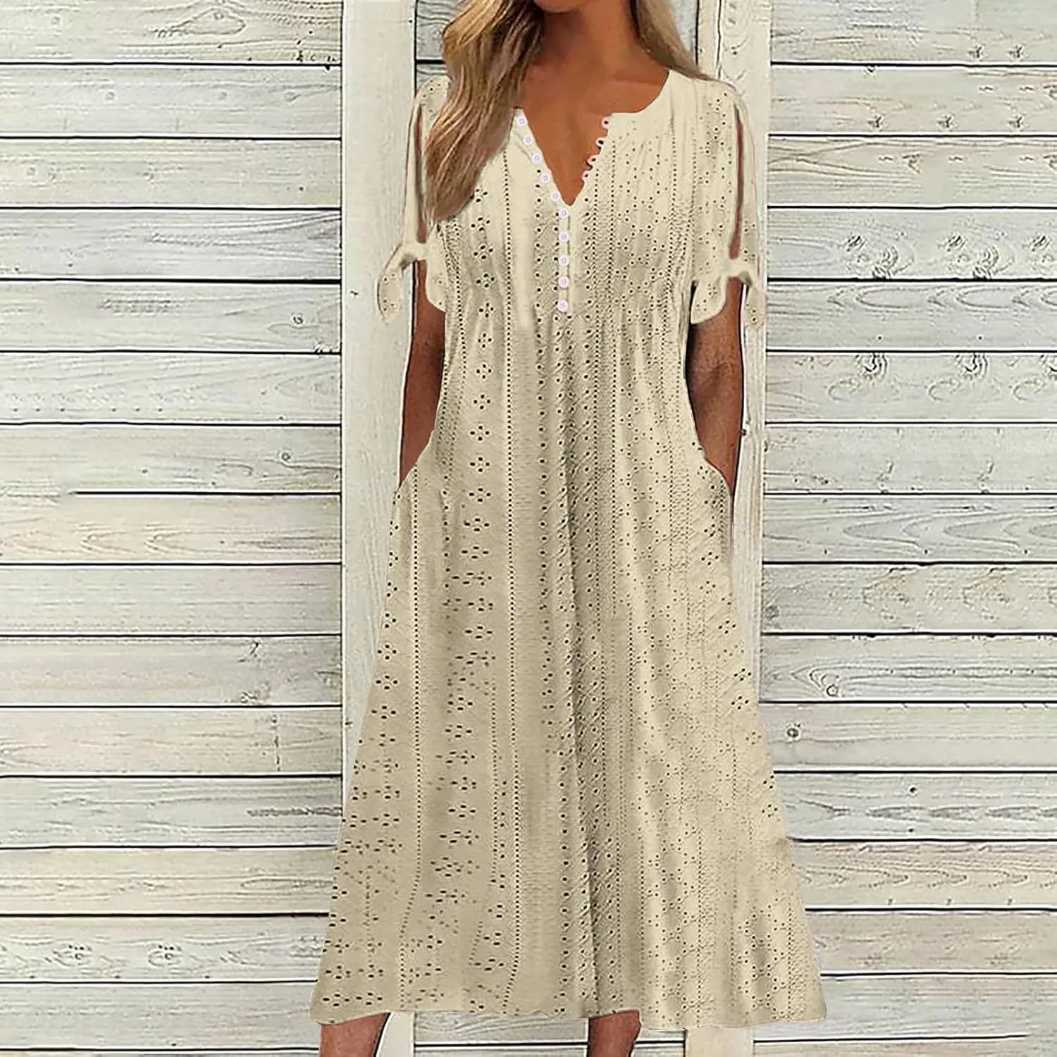 Women's Summer Eyelet Midi Dress Button V Neck Short Sleeve Dresses Solid Flowy Floral Boho Beach Long Sundress