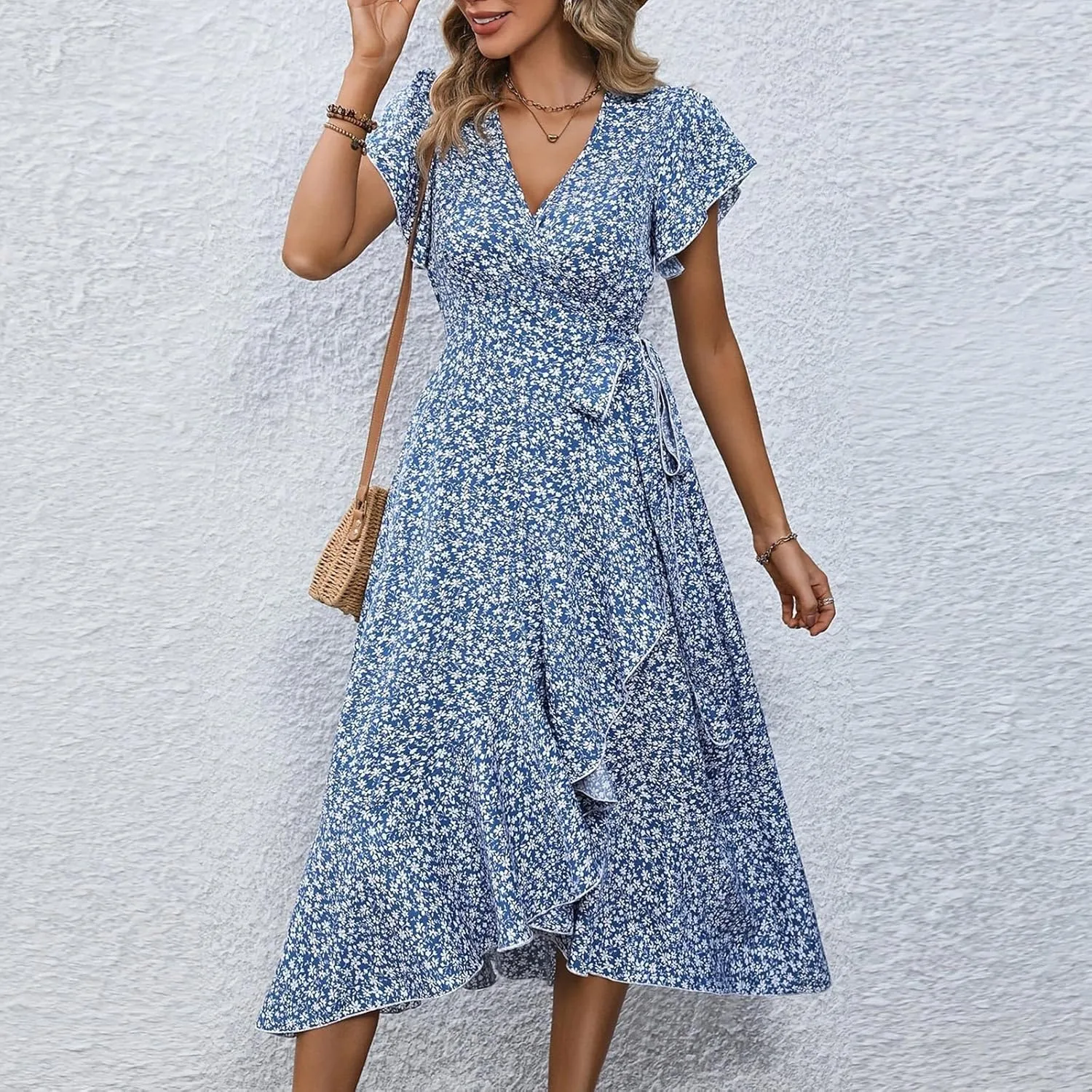 Wrap Dress for Women V Neck Flutter Sleeve Ruffle Floral Maxi Dress Casual Summer Flowy Boho Garden Party Dresses
