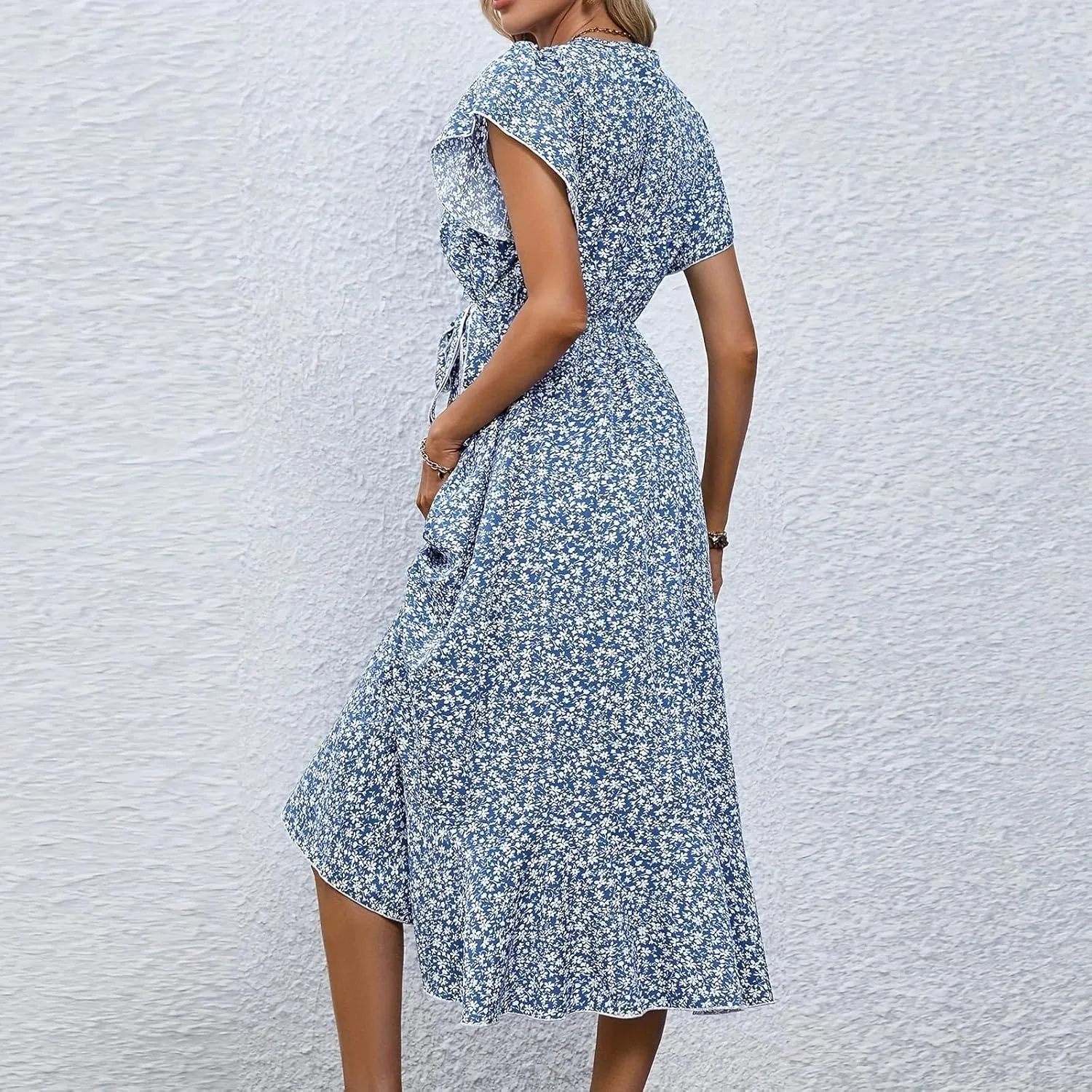 Wrap Dress for Women V Neck Flutter Sleeve Ruffle Floral Maxi Dress Casual Summer Flowy Boho Garden Party Dresses