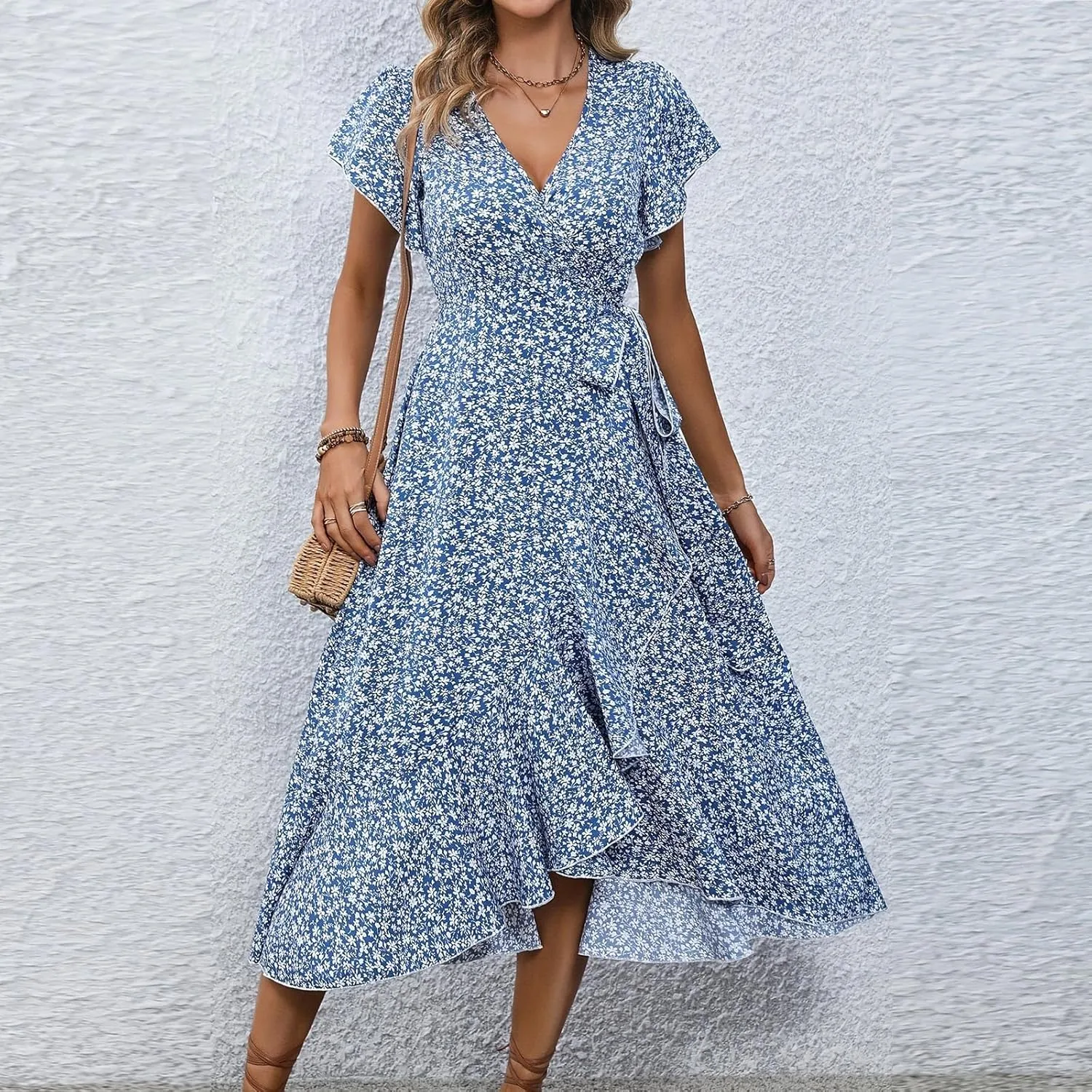 Wrap Dress for Women V Neck Flutter Sleeve Ruffle Floral Maxi Dress Casual Summer Flowy Boho Garden Party Dresses